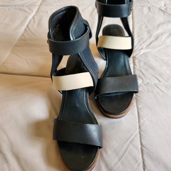 Sorel Black Tan Addington Cuff Leather Colorblock Heel Open Toe Sandal - Picture 8 of 12